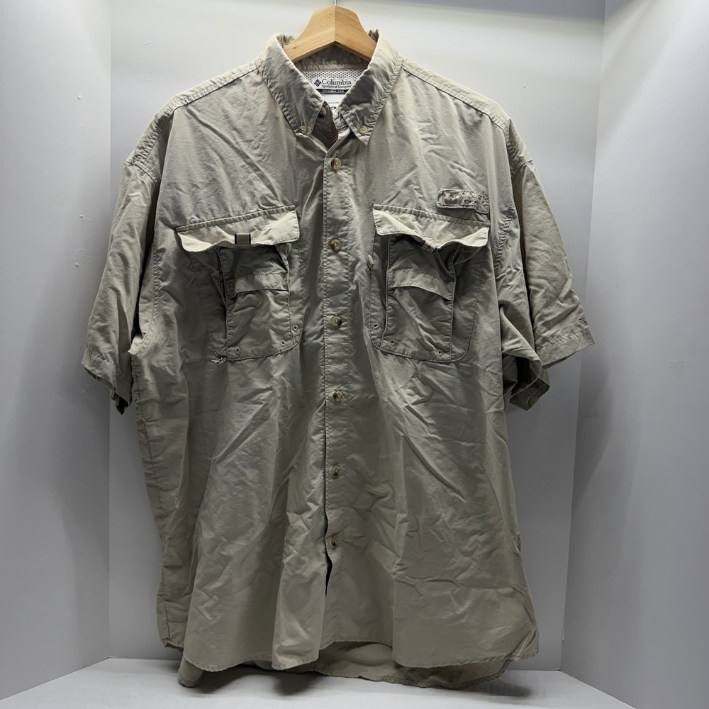 Columbia PFG Mens M Tan Short Sleeve Shirt Fishing Outdoor Hiking, Gorpcore